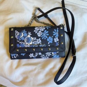 Michael Kors Navy Blue Floral Leather Crossbody Wallet